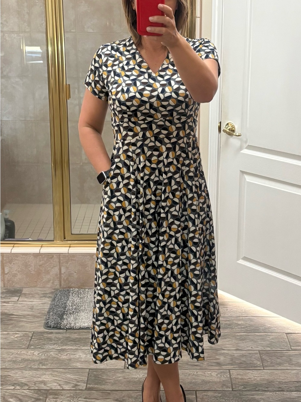 Karina Black, White & Mustard Geometric V-Neck Fit-and-Flare Dress